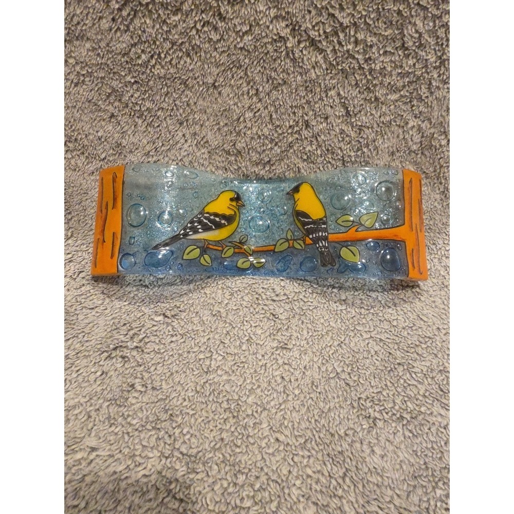 Pampeana Art Glass 8" Fused Wave Plate Yellow‎ Birds Finch Hand Painted Ecuador